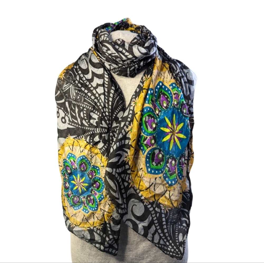 Boho long silky semi sheer black w/ colors mandela scarf EUC